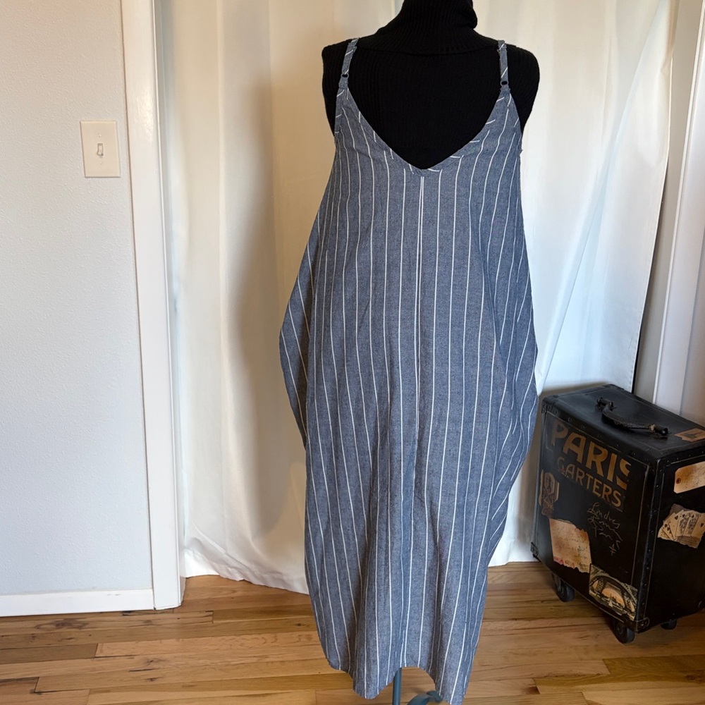 Cotton blue white striped spaghetti strap cotton dress with deep pockets breezy - Picture 2 of 7